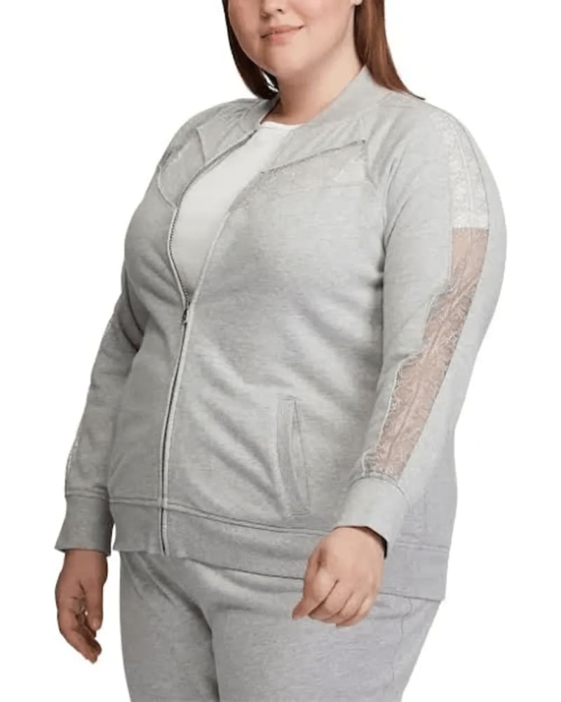 Front of a model wearing a size 1X Ralph Lauren Women's Plus Lace Trim Fleece Jacket Gray Size 1X in Gray by Ralph Lauren. | dia_product_style_image_id:314739